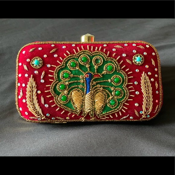 Handbags - Red Clutch w/ Beaded Peacock